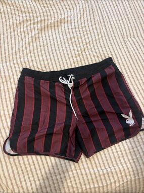 PLAYBOY Black & Burgundy Striped Athletic Shorts